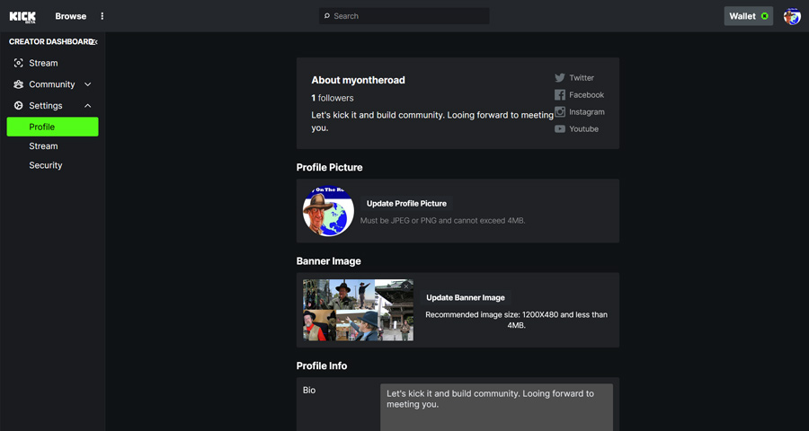 Kick.com Profile Page and Setup